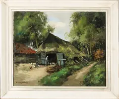H.C. Kranenburg, Plaggenhut met boerin en kippen, Olieverf op linnen