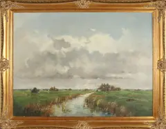 Jan van Rijsewijk, Hollands landschap met koeien, Olieverf op linnen