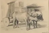 Jaap Dooijewaard, Ossenspan bij boerderij, Houtskool op papier