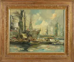 J. v.d. Heijden, Havengezicht Rotterdam, Olieverf op paneel