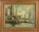 J. v.d. Heijden, Havengezicht Rotterdam, Olieverf op paneel
