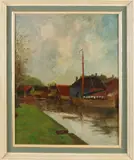 H.M. Bijl, Dorpsgezicht met platbodem, Olieverf op paneel
