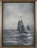 C.M. Kouw, Hollandse platbodems op zee, Olieverf op paneel