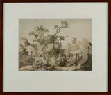 Onduid. gesig., Landschap, boerderij met figuren, Aquarel op papier