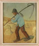 C.A. van Assendelft, Boer met zeis in korenschoven landschap, Pastel op papier