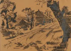 Jan Altink, Landschap met zandpad en boerderij, Houtskool op bruin papier