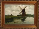 Fedor van Kregten, Poldergezicht met windmolens, Olieverf op linnen