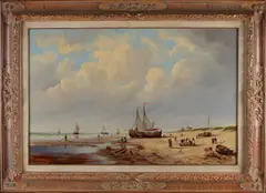 Strandgezicht met vissersboten by A.L. Perk Fecit, Olieverf op linnen. mooi schilderij met prachtige lijst, offered Apr 2021