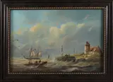 S. Twint, Figuren en schepen bij dijk, Olieverf op paneel