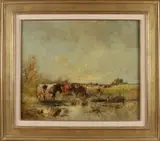P. van Dinteren, Landschap met boer en koeien bij drenkplaats, Olieverf op paneel