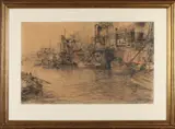 Joop Molenaar, Rotterdamse haven met vrachtschepen, Houtskool op papier