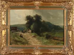 Piet Schipperus, Landschap met landweg, ossengespan en figuren, Olieverf op paneel