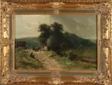 Piet Schipperus, Landschap met landweg, ossengespan en figuren, Olieverf op paneel