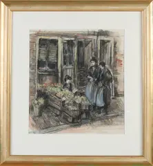G.J. Staller, Vrouwen bij marktkraam, Gemengde techniek op papier