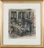 G.J. Staller, Vrouwen bij marktkraam, Gemengde techniek op papier
