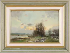 J.J. van der Stap, Rivierlandschap met schaapskudde, Olieverf op linnen