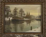 Arie Wassenburg, Winters stadsgezicht met woonark, Olieverf op linnen