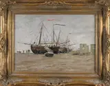 G. Boysen, Bomschuiten op het strand met vissersvolk, 1949, Olieverf op linnen