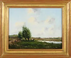 Frits Goosen, Hollands landschap met wilgen en koeien, Olieverf op linnen