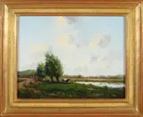 Frits Goosen, Hollands landschap met wilgen en koeien, Olieverf op linnen