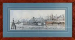 Willem Bos, Rotterdamse haven met schepen, Gemengde techniek op papier