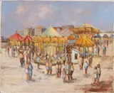 H.M. Woudstra, Kermis met figuren, Olieverf op linnen