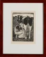 Jan Mankes, Melkende boerin, Houtsnede op papier
