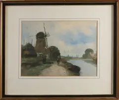 Adriaan Terhell, Riviergezicht met ruiter en windmolen, Gouache op papier