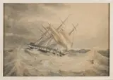 F. de Stuers, Driemaster op volle zee, Aquarel op papier