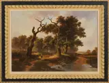 J. van Velzen. eind 20 Eeuw, Romantisch landschap, Olieverf op paneel