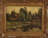 A.J. de Zwart, Boerenhuis aan het water, Olieverf op linnen