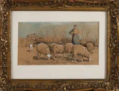 W.A. Knip, Herderin met schapen, Pastel op papier