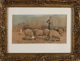 W.A. Knip, Herderin met schapen, Pastel op papier