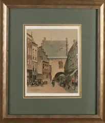 Piet Schipperus, Figuren in dorpsstraat, Aquarel op papier