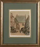 Piet Schipperus, Figuren in dorpsstraat, Aquarel op papier