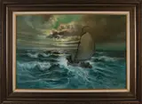 L. de Jong, 20e eeuw, Schip bij avond, Platbodem op zee bij nacht, Olieverf op linnen