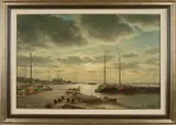 H.J. van Wijngaarden, Hollands havengezicht langs de IJssel, Olieverf op linnen