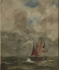 G.L. Kiers, Vissersboot op volle zee, Aquarel op papier