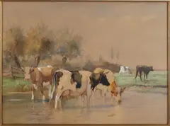 Dirk Peter van Lokhorst, Landschap met knotwilgen en koeien bij drenkplaats, Aquarel op papier
