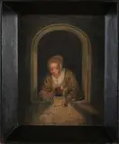 J. Klinkert, Vrouw met snotneus-blaker in venster, Aquarel op papier