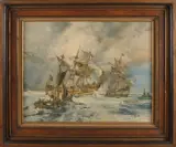 D. Vogel, Zeegezicht met schepen op volle zee, Olieverf op paneel