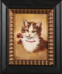 L. Scheen, Poes met lint, Olieverf op paneel