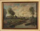 J. van Slotberg, Landschap met boerderij en sloot, Olieverf op linnen