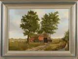 B. Ligtenberg, Landschap met boerderij, boer en koeien, Olieverf op linnen