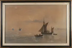 Edwin Toovey, Zeilboten voor Britse kust, Aquarel op papier