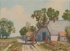 Adriaan Terhell, Boerderij met figuren, Aquarel op papier