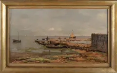 Wetering de Rooy, Kustgezicht met boten en vissers, Olieverf op linnen