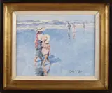 Chris van Dijk 1952 20e Eeuw, Figuren met hoeden op het strand (Big Hats), Olieverf op linnen