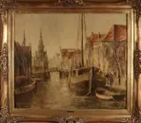 Richard Reibeling, Havengezicht met boten, Olieverf op linnen