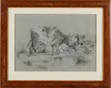 J.H. Bokhorst, Landschap met koeien., Gemengde techniek op papier